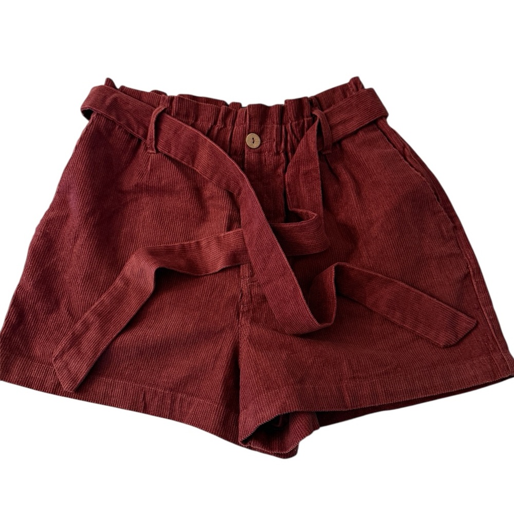 GeeGee Shorts Corduroy Paperbag Waist Tie Belt Shorts Rust Burgundy Size S